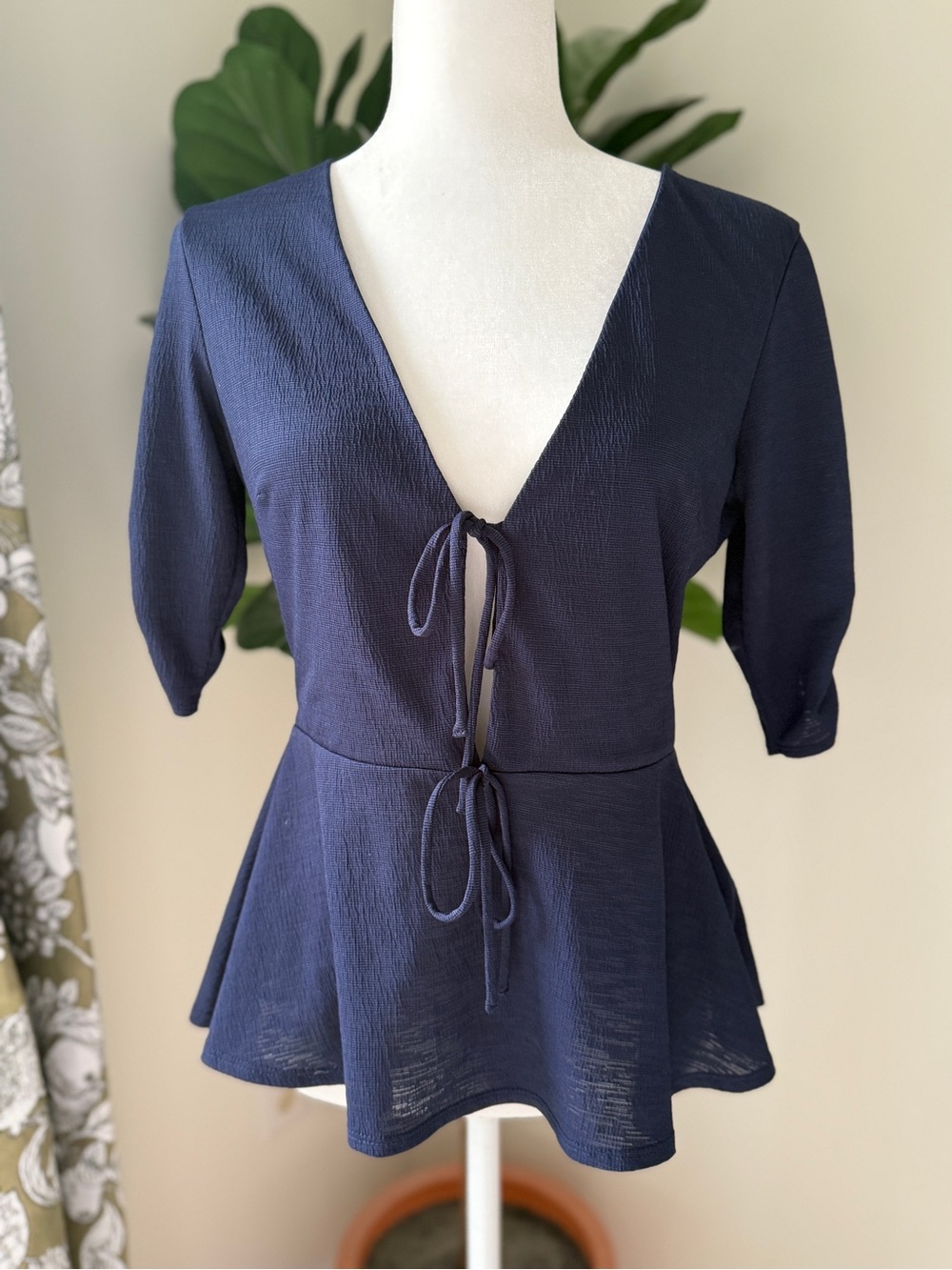 Topshop Navy Tie-Front Peplum Blouse